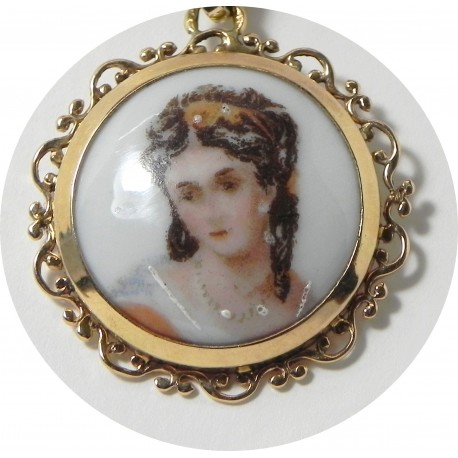 Pendentif Médaillon Portrait émaillé Art Nouveau - Limoges - Plaqué Or Jaune & émaux Multicolores