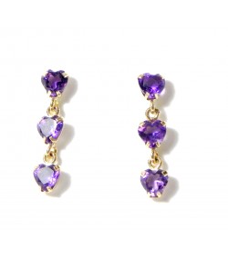 "AMOUR D'AMETHYSTES" Boucles d'oreille or et 3 cœurs améthystes