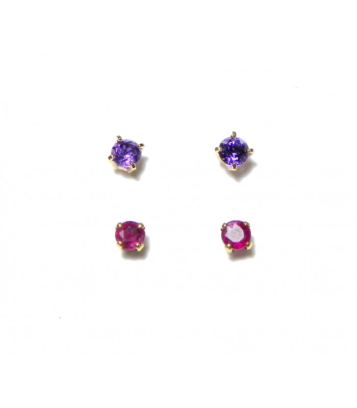 "ANNIE" Deux paires de puces d'oreilles en or 18 K RUBIS et améthyste 0,87gr prix incroyable !