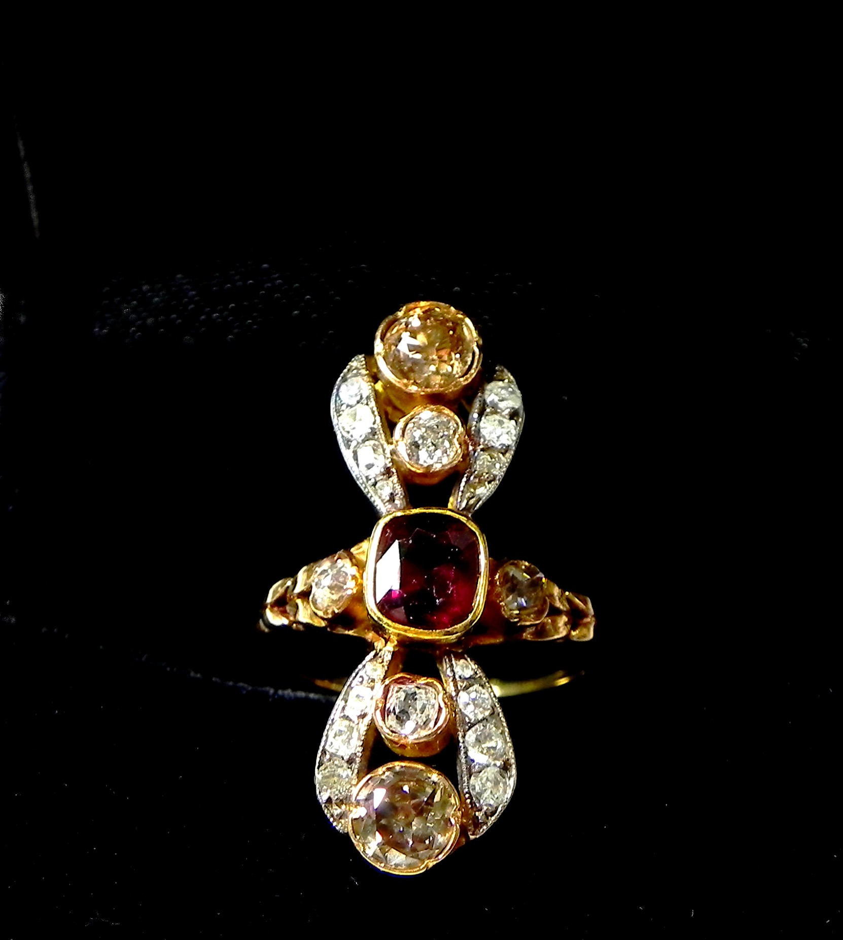 Bague Femme En Or 18ct Jaune Et Platine - Style Antique Avec Diamants - Taille N 1/2