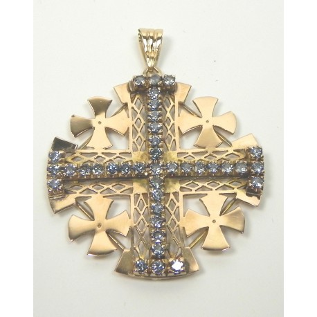 Pendentif Croix De Jérusalem Médiévale En Acier 2 Tons Avec Cabochons Cristal | Réplique Rare Avec Chaîne